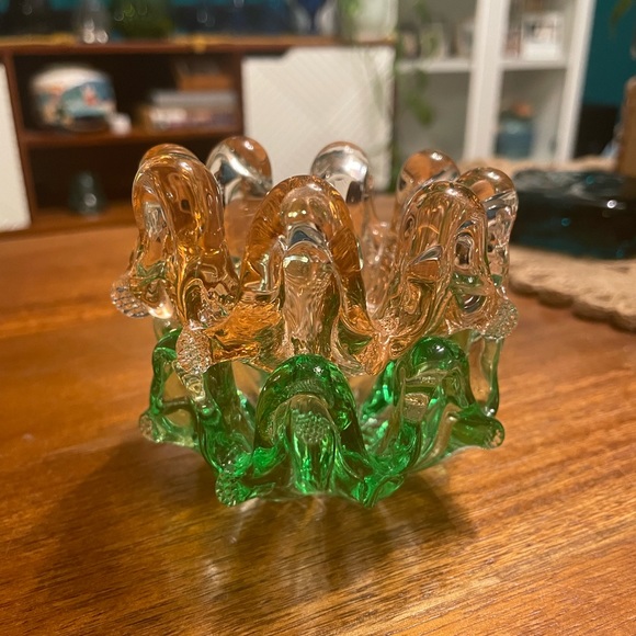 SET OF 2 Green & Pink Vintage Nesting Ashtray Italian Murano Glass Stack Flower - Picture 2 of 15